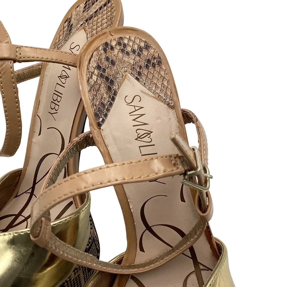 Sam‎ & Libby Gold Metallic Snakeskin Platform Heels Peep Toe Sandals Size 8